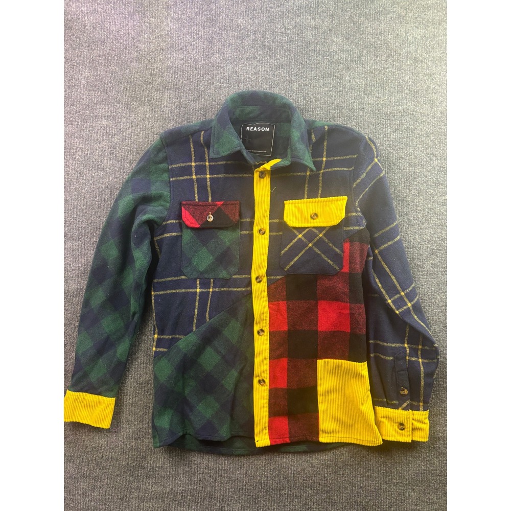 Reason Flannel Shirt Mens Small Multi Color Patchwork Corduroy Plaid WF3-03